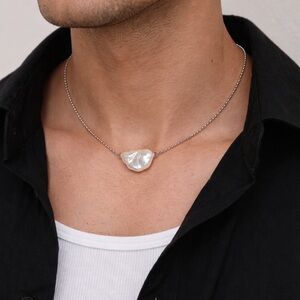 Silver Angel Wing Baroque Pearl Pendant Necklace - Men's Accessory
